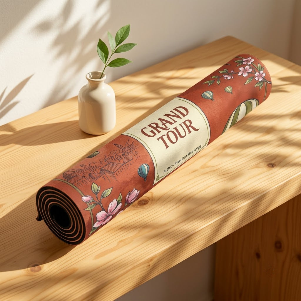 Grand Tour Balloon mahjong mat rolled up on a console table