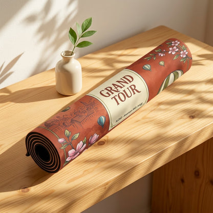 Grand Tour Balloon mahjong mat rolled up on a console table
