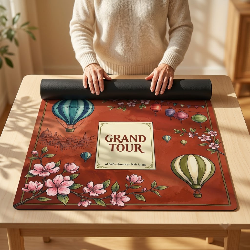 Woman unrolling the Grand Tour Balloon mahjong mat across a card table