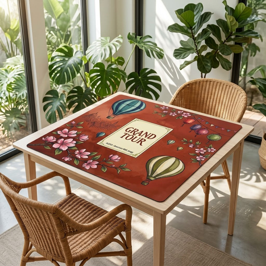 Grand Tour Balloon mahjong mat on a card table in a sunroom with wicker chairs