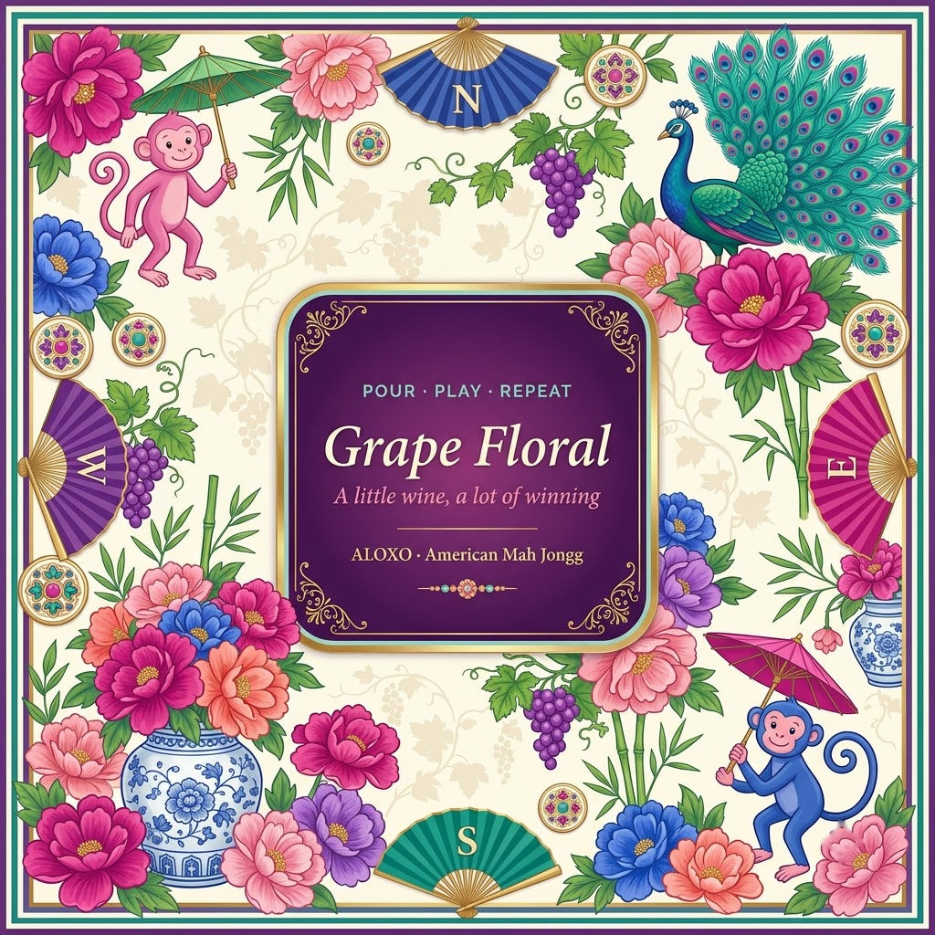 Grape & Peony Garden Mahjong Mat — the full printed artwork, top view