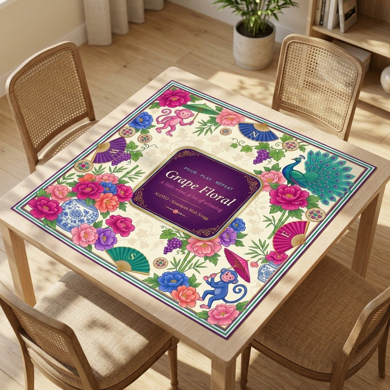 Grape & Peony Garden mahjong mat on a square table with four chairs