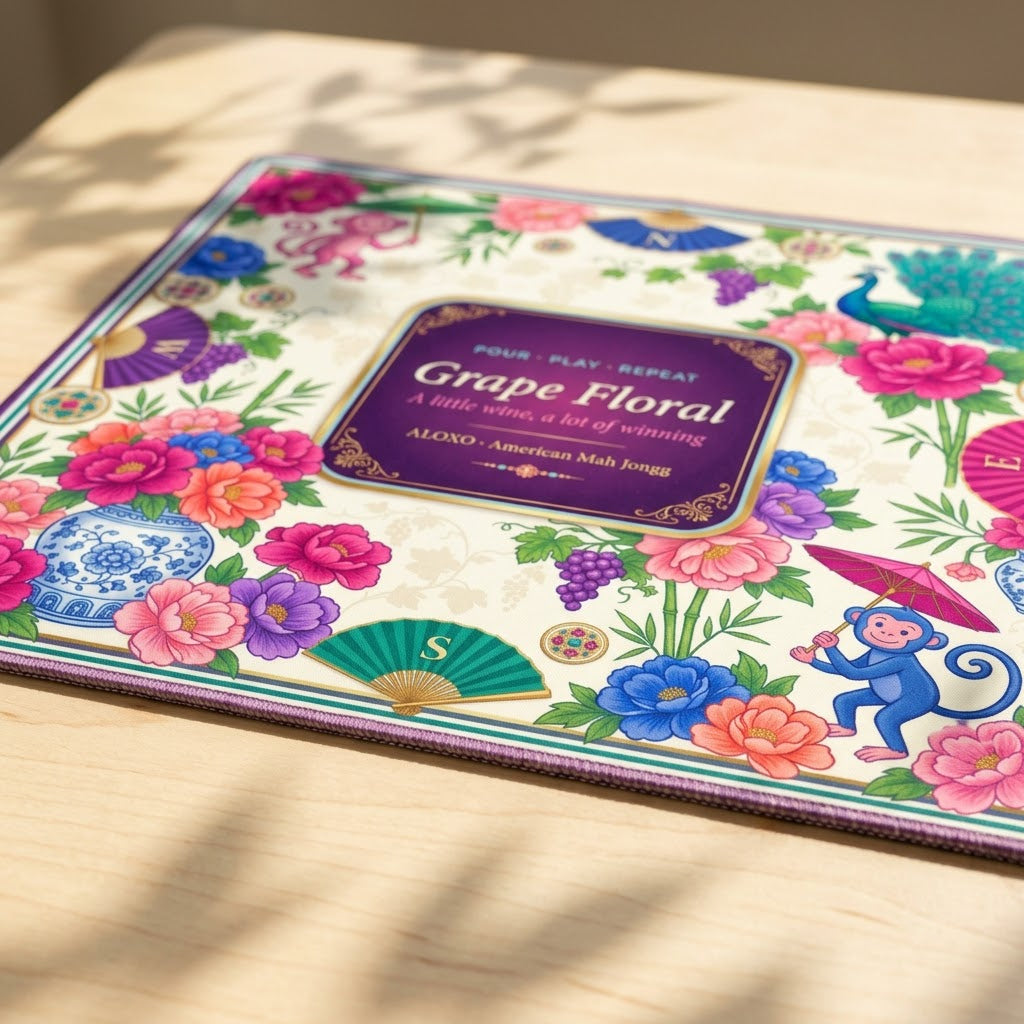 Grape & Peony Garden mahjong mat lying flat on a table, seen from a low angle