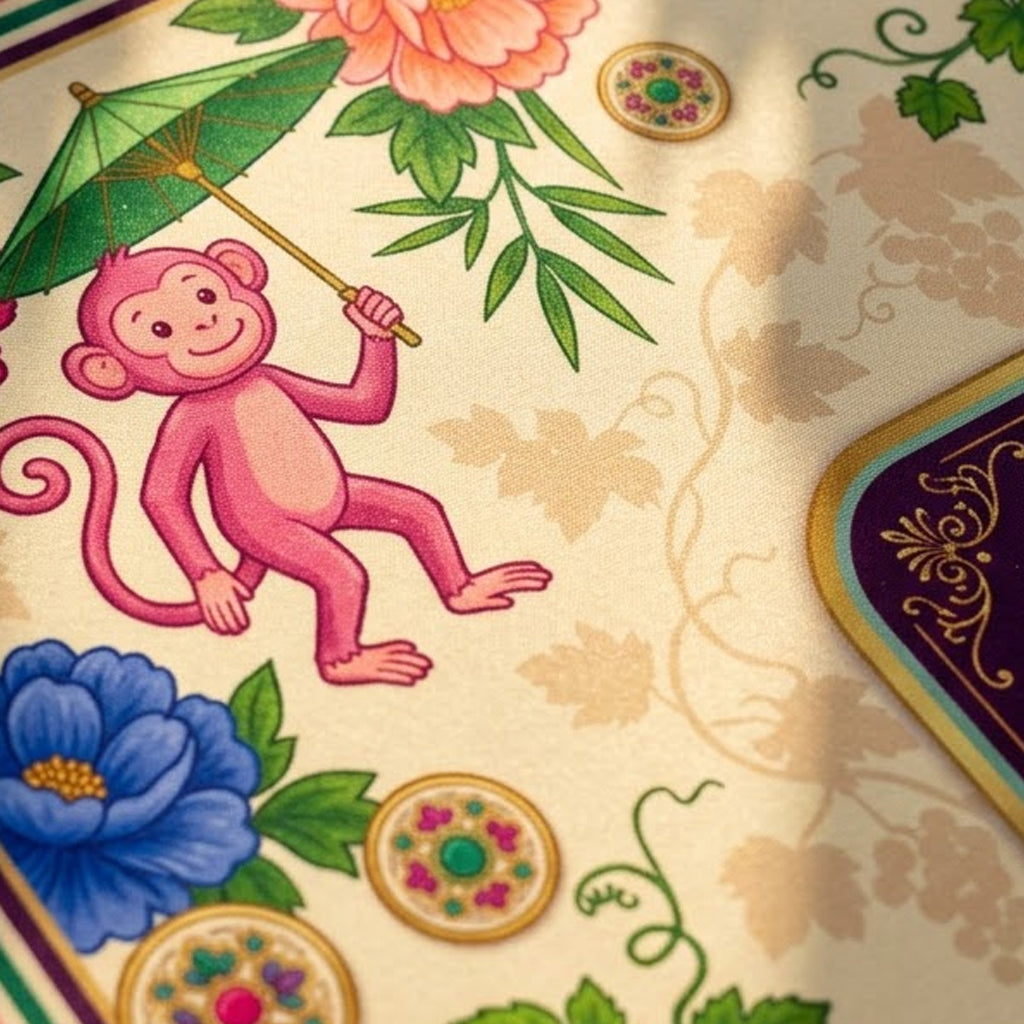Close-up of the printed artwork on the Grape & Peony Garden mahjong mat