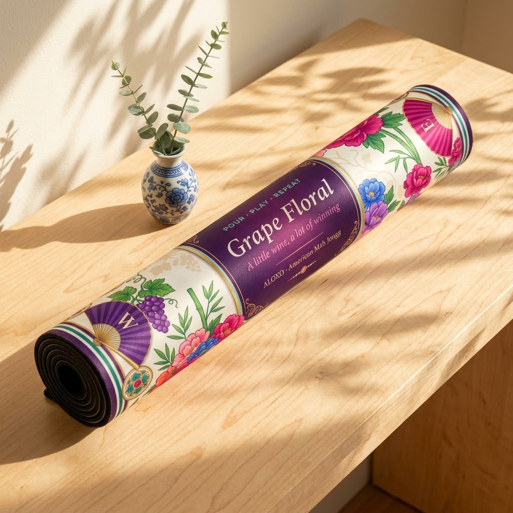 Grape & Peony Garden mahjong mat rolled up for storage