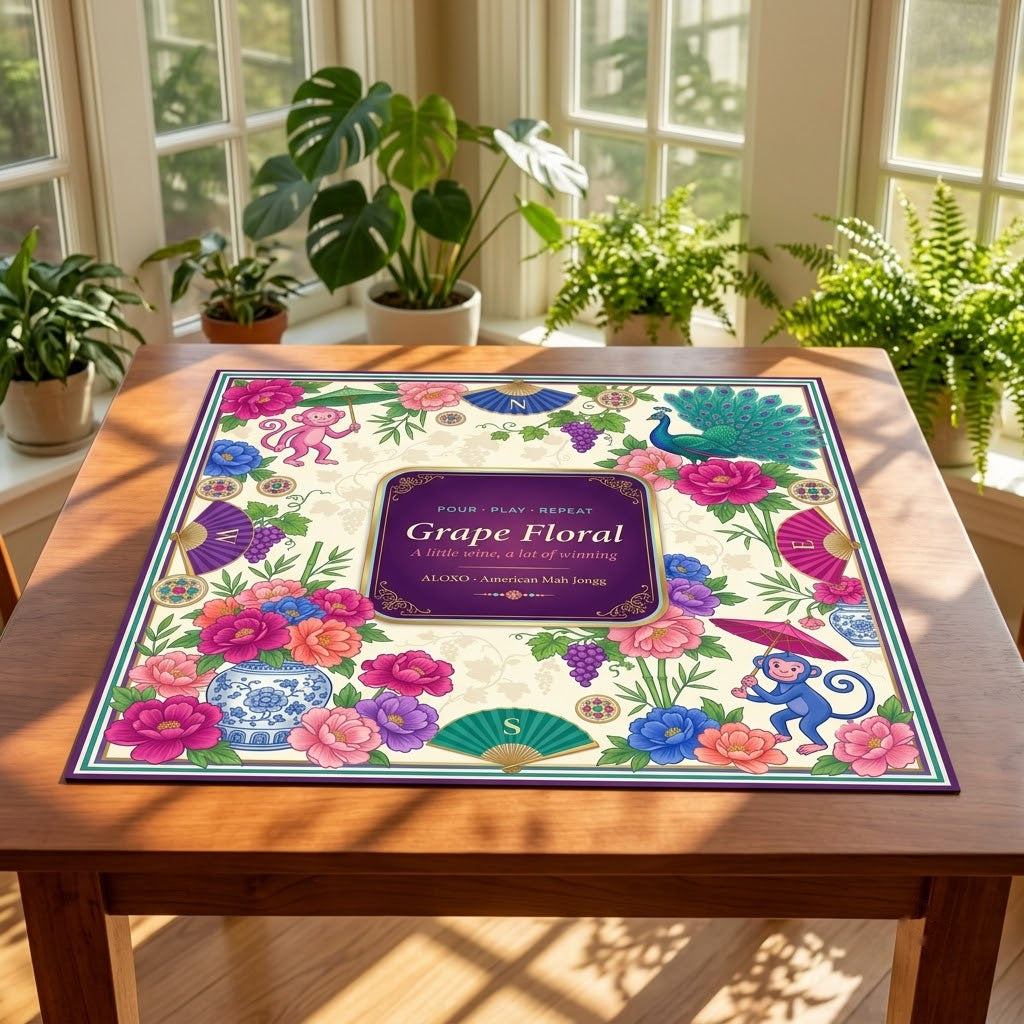 Grape & Peony Garden mahjong mat on a table in a bright sunroom