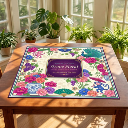 Grape & Peony Garden mahjong mat on a table in a bright sunroom
