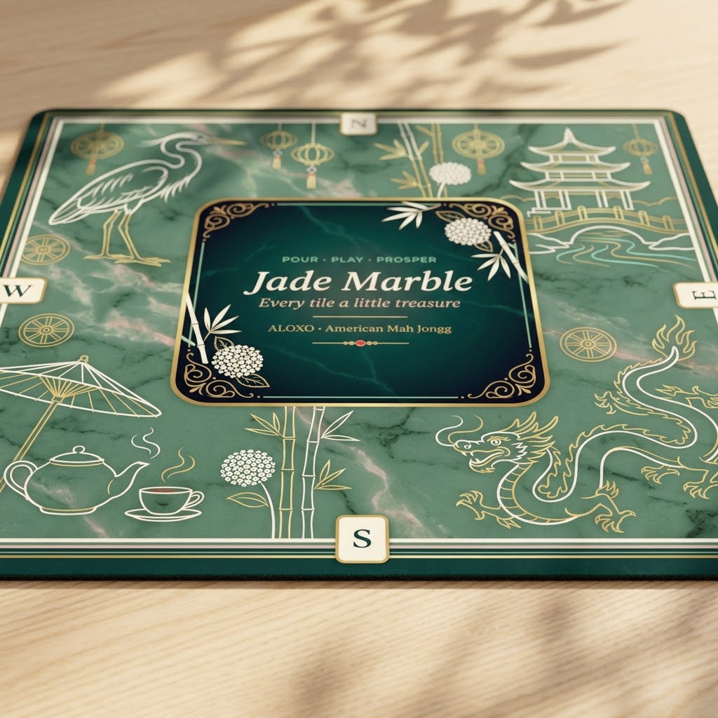 Imperial Jade Marble mahjong mat lying flat on a table, seen from a low angle
