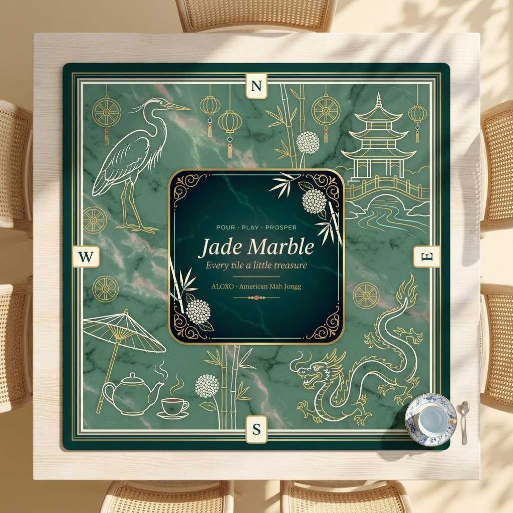 Imperial Jade Marble mahjong mat covering a square card table, seen from above