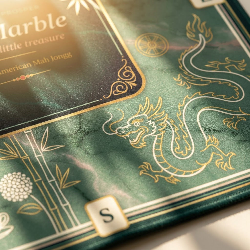 Close-up of the printed artwork on the Imperial Jade Marble mahjong mat