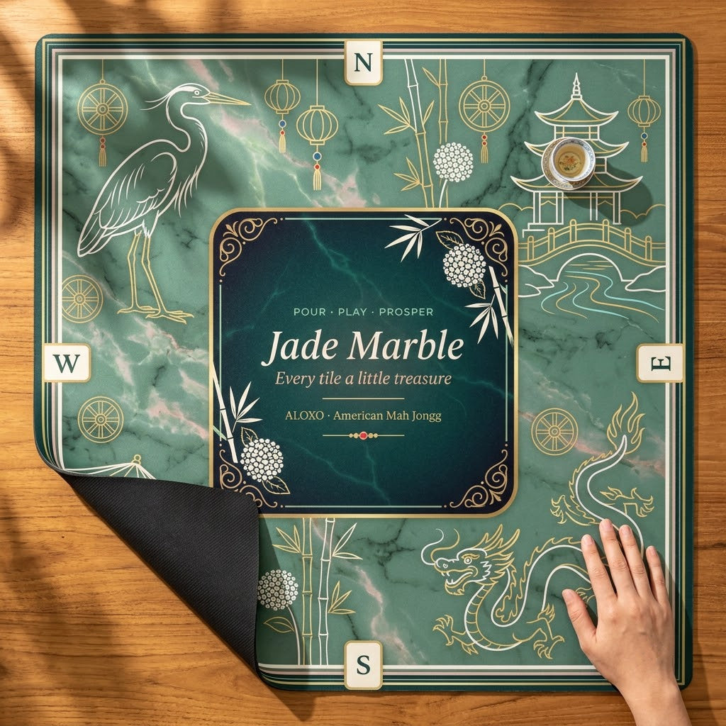 Imperial Jade Marble mahjong mat with one corner folded back to show the black rubber underside