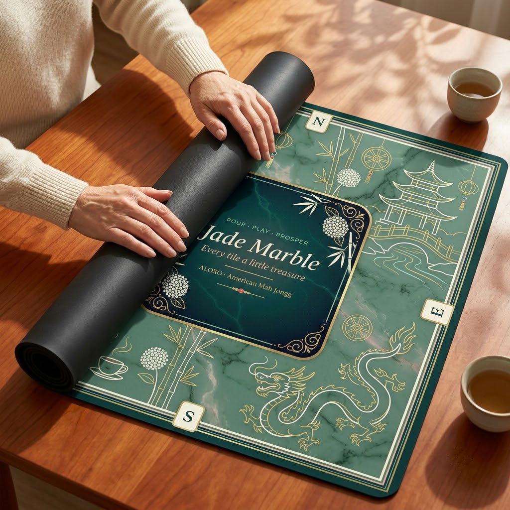Hands unrolling the Imperial Jade Marble mahjong mat across a table