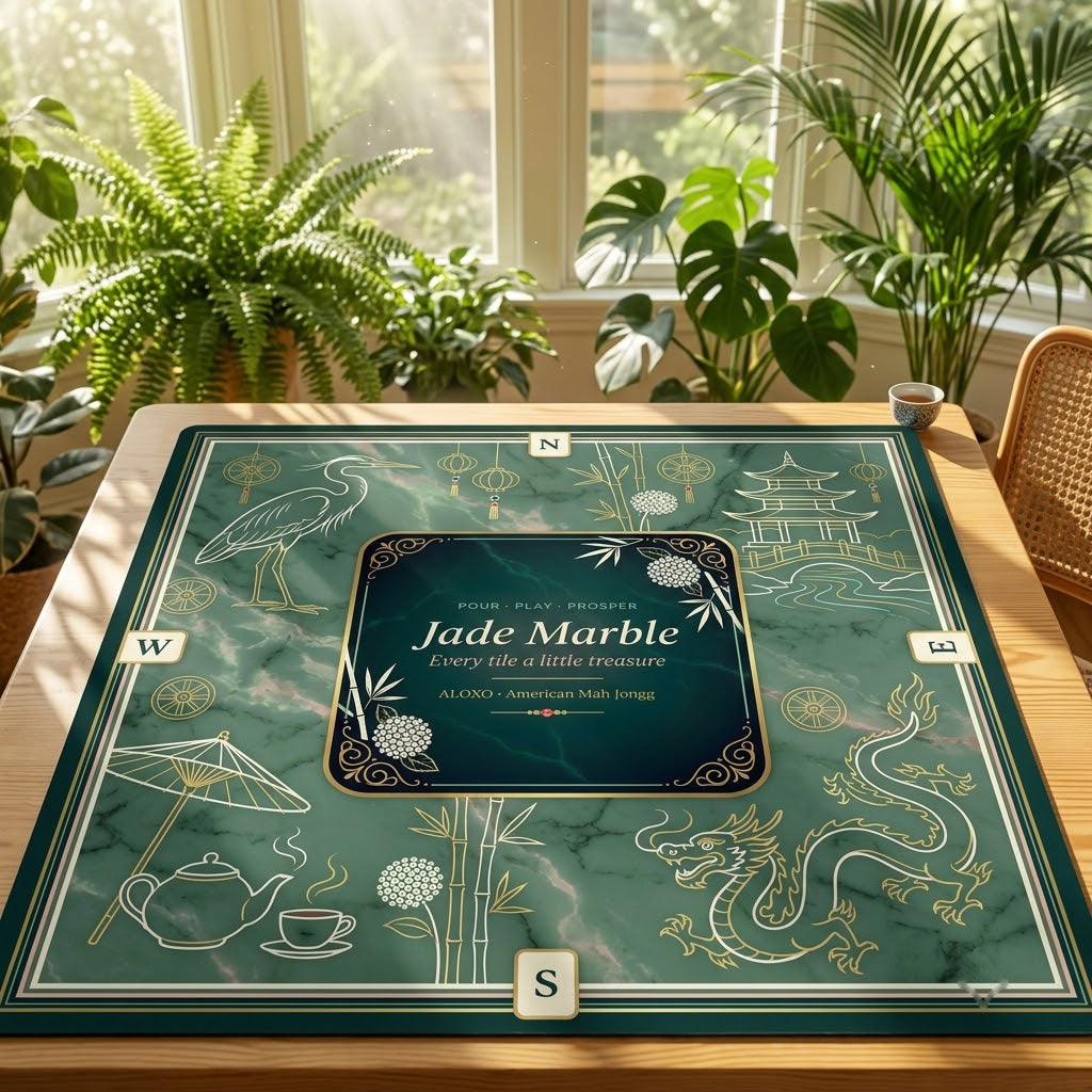 Imperial Jade Marble mahjong mat on a table in a bright sunroom