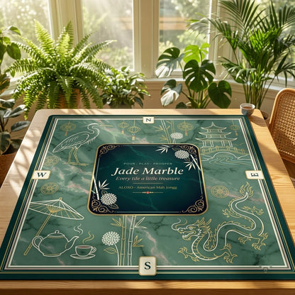 Imperial Jade Marble mahjong mat on a table in a bright sunroom