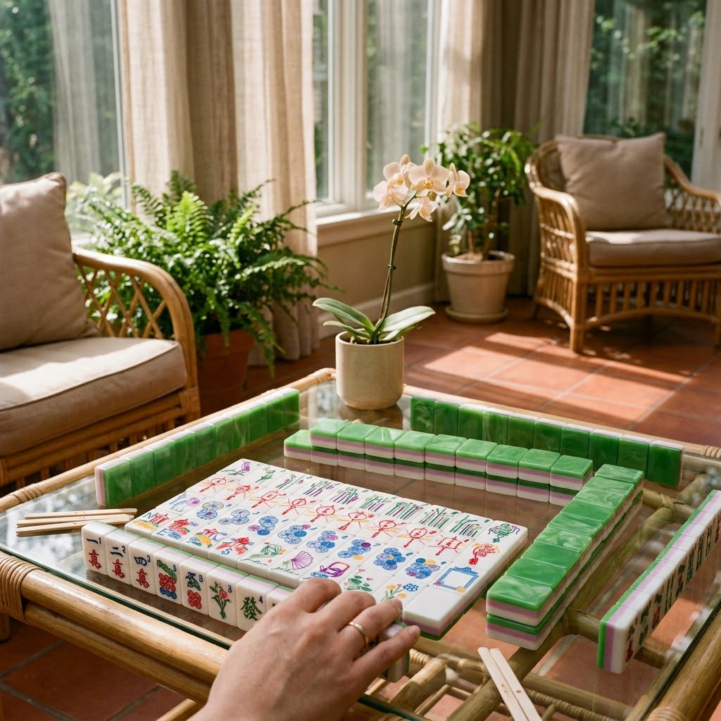 Mahjong game set up on a table in a bright garden sunroom