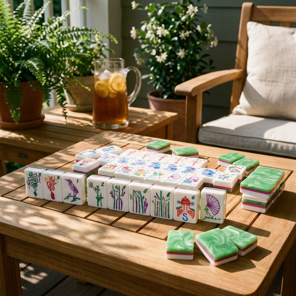 Jade Marble tiles on a teak veranda table with iced tea and ferns