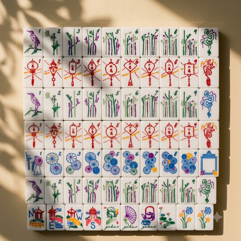 Full Jade Marble tile chart — dots, bams, craks, winds, dragons, flowers and Jokers