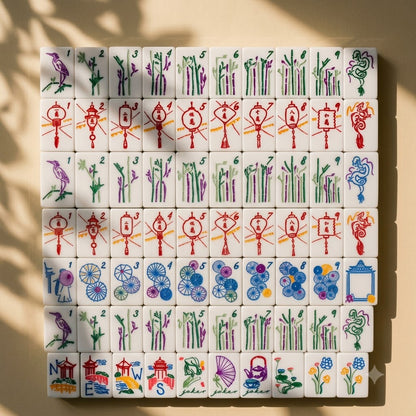 Full Jade Marble tile chart — dots, bams, craks, winds, dragons, flowers and Jokers