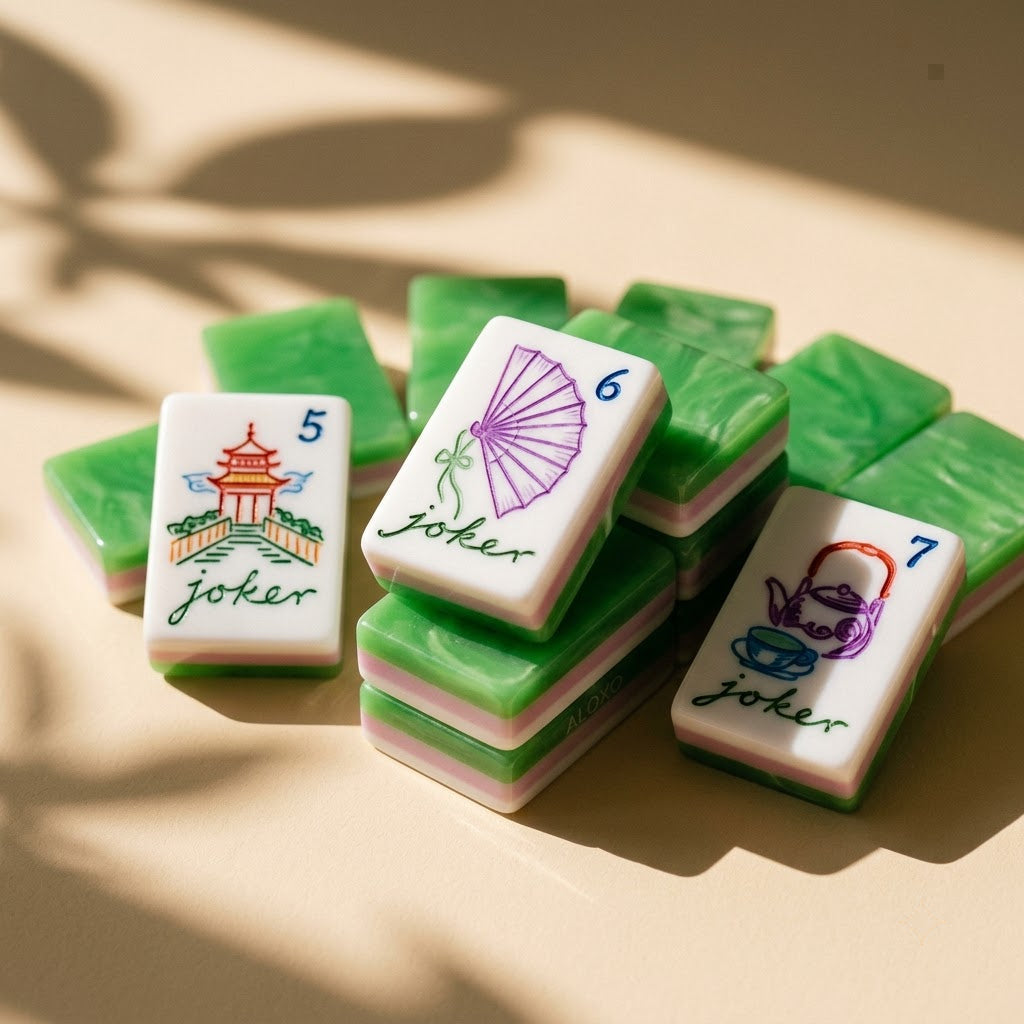 Close-up of the painted Joker tiles — folded fan, teapot and pagoda