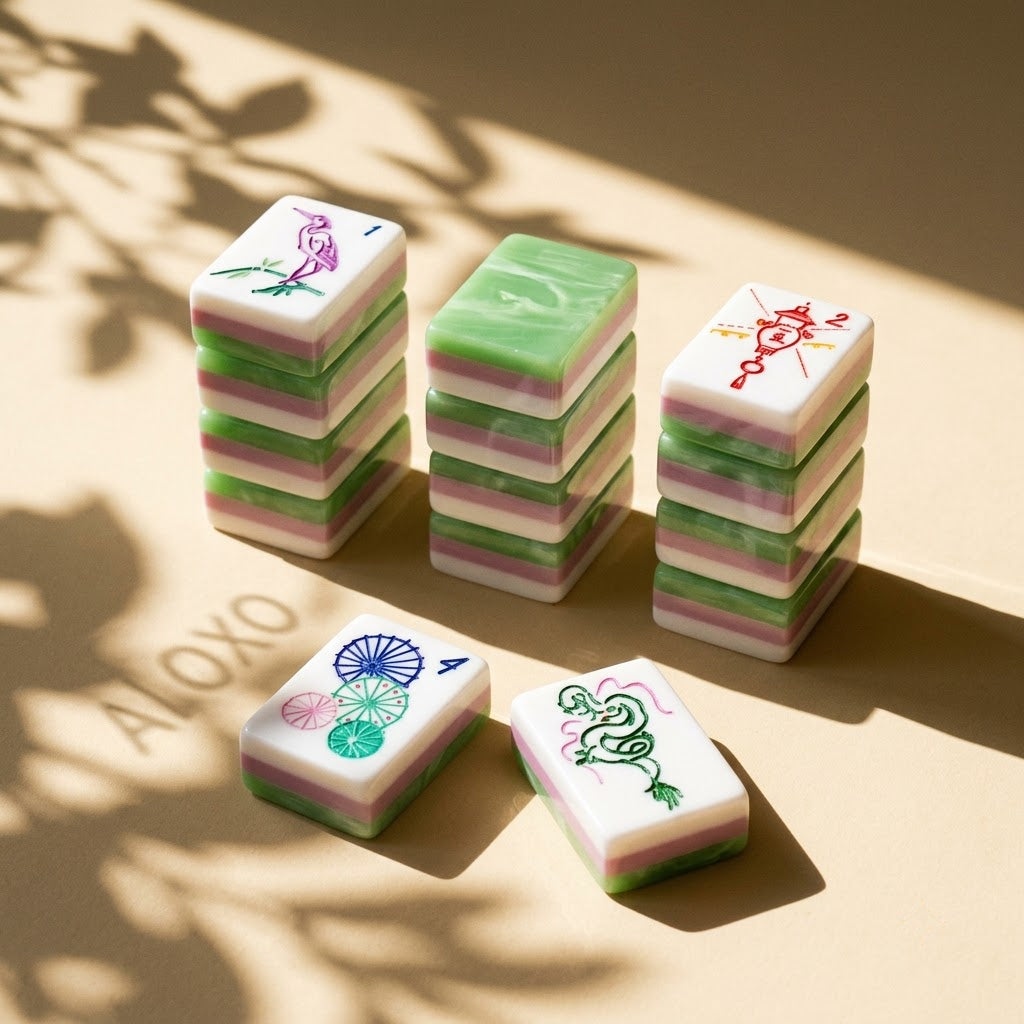 Stacks of Jade Marble tiles showing three layers — white, pink and jade green