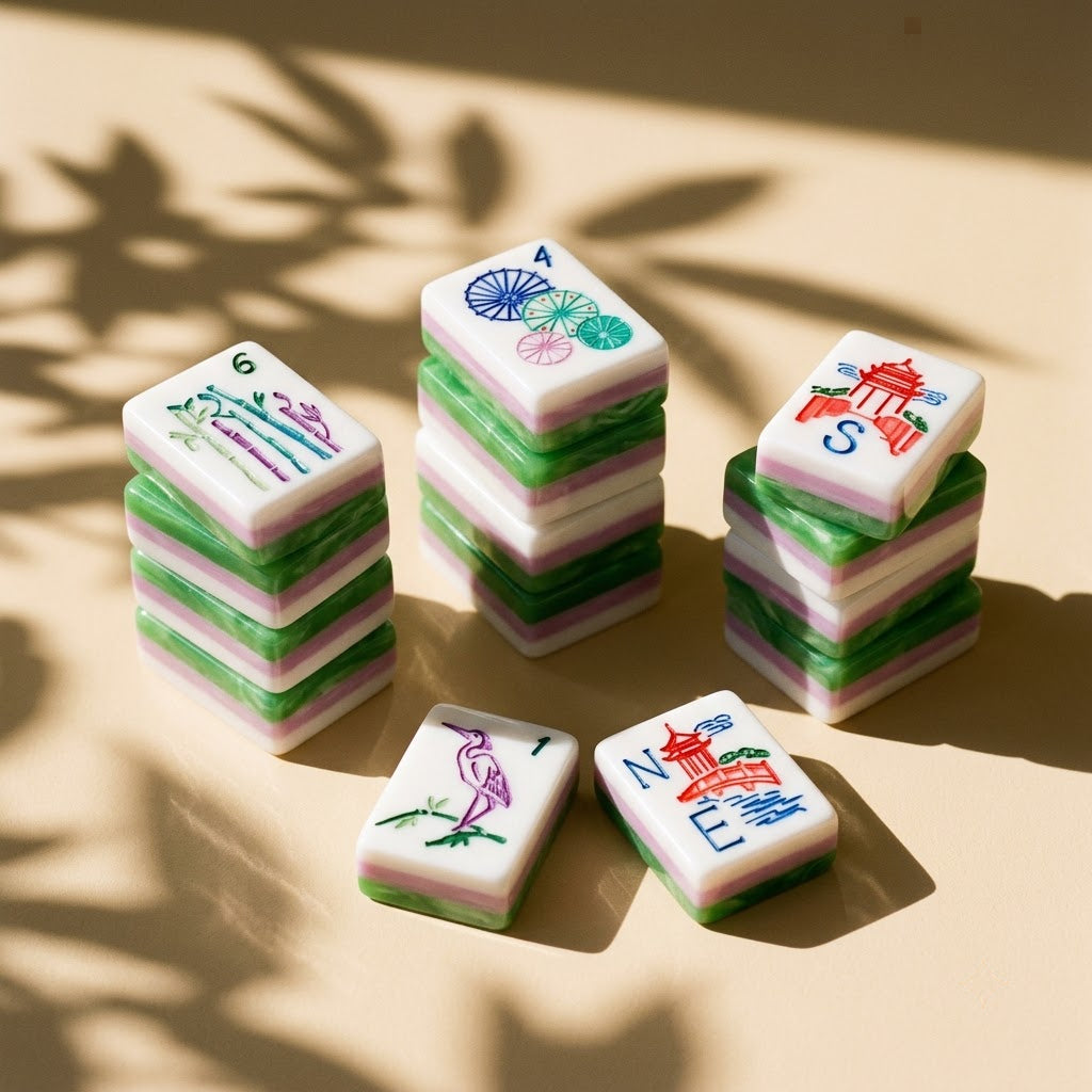 Short stacks of tiles with painted faces resting in front