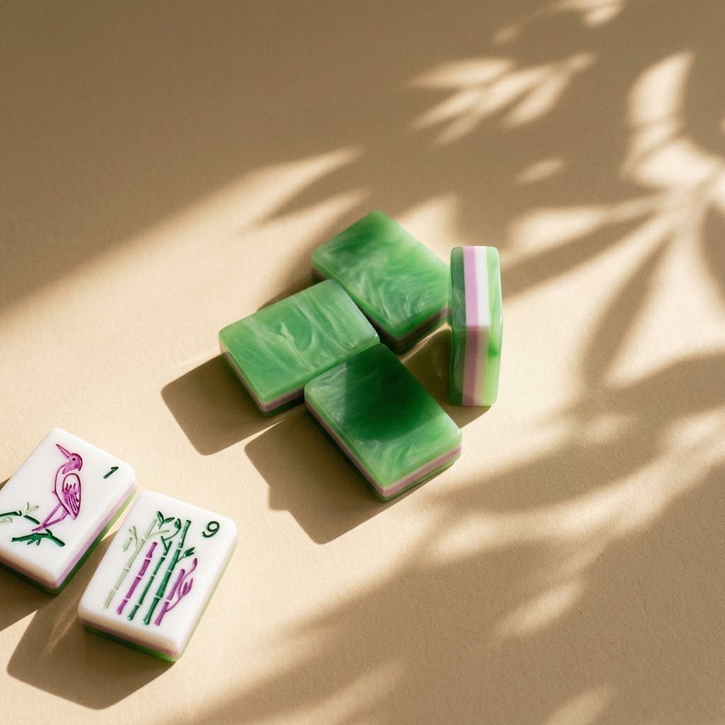 Jade-green marbled tile backs with the white, pink and green layered edge