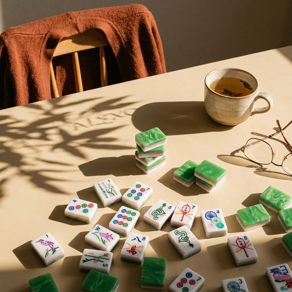 Tiles left on the table at the end of a game with tea and reading glasses