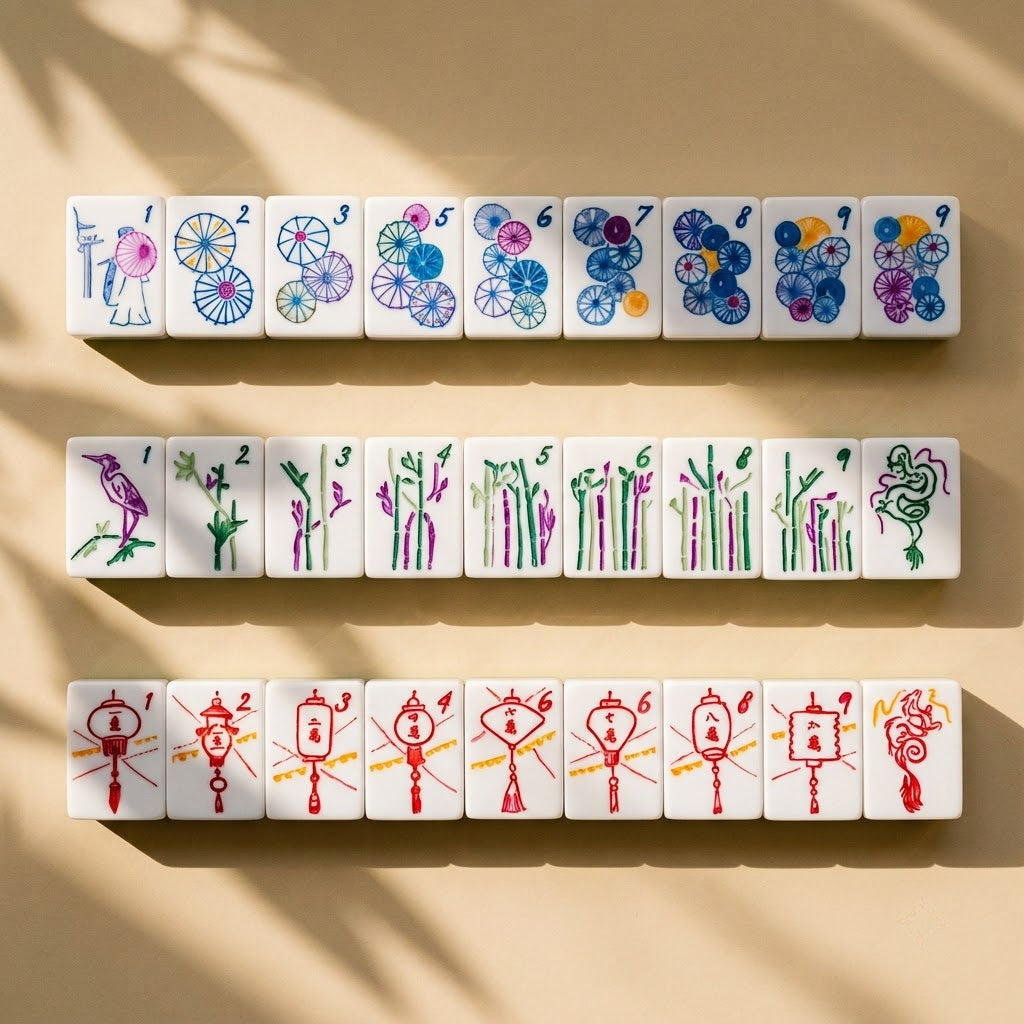 Parasol dots, bamboo bams and red lantern craks numbered one to nine