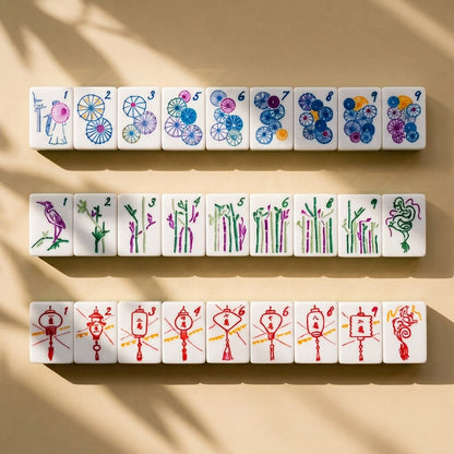 Parasol dots, bamboo bams and red lantern craks numbered one to nine