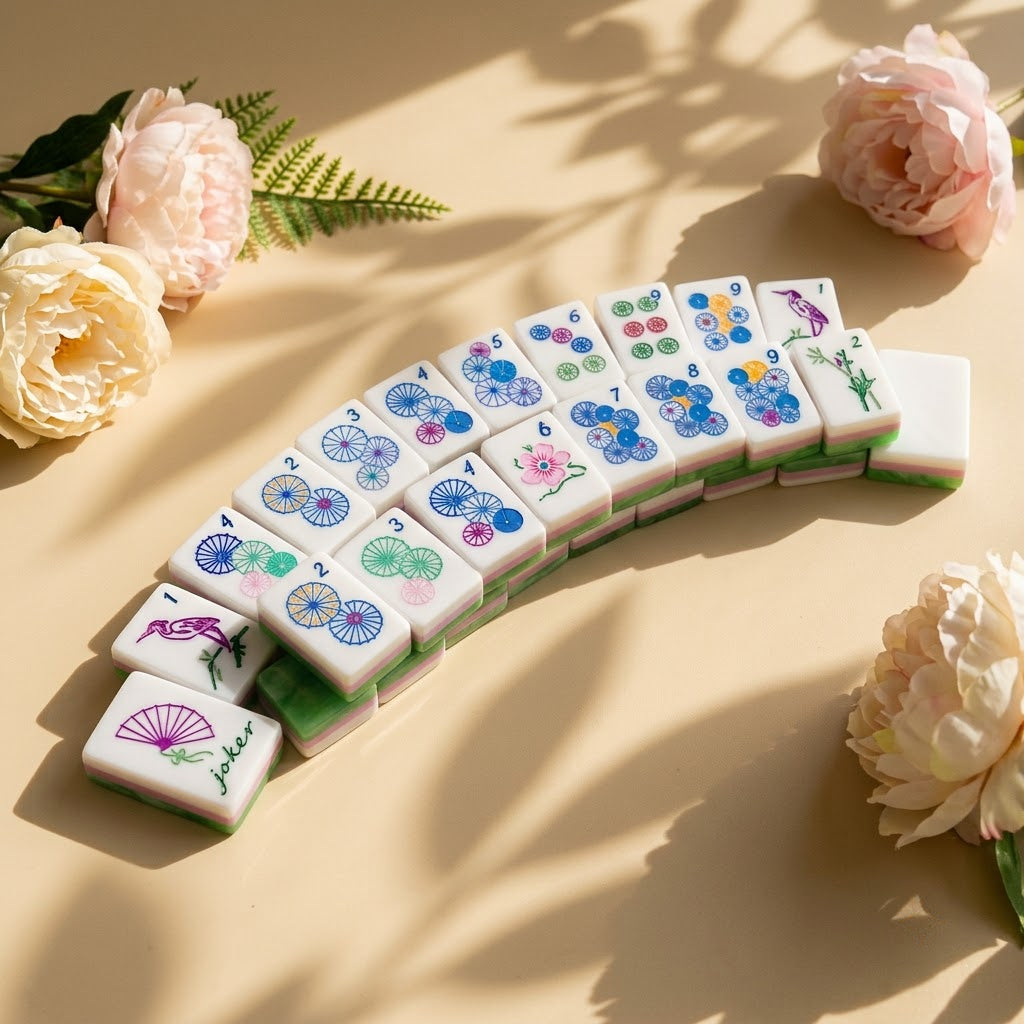 Jade Marble mahjong tiles fanned in an arc beside pale peonies