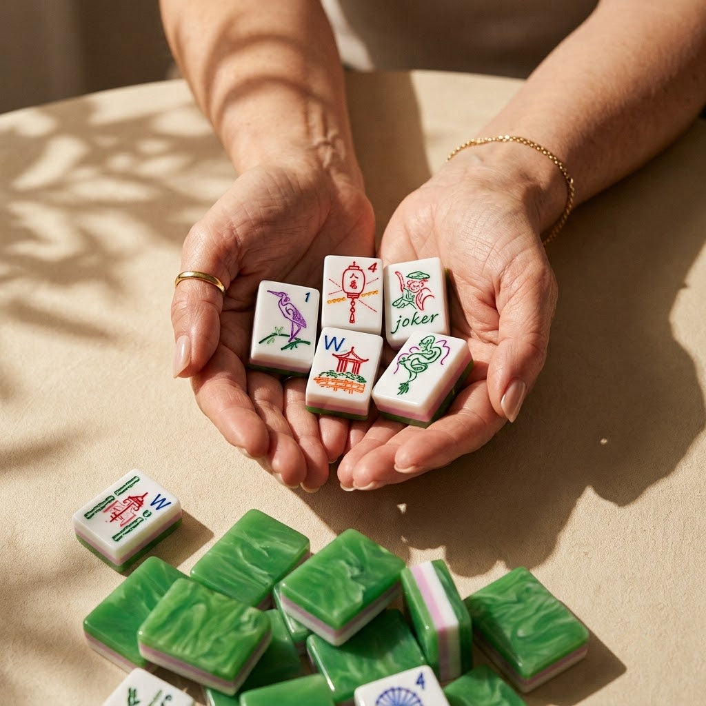 Womans hands cradling a handful of Jade Marble mahjong tiles