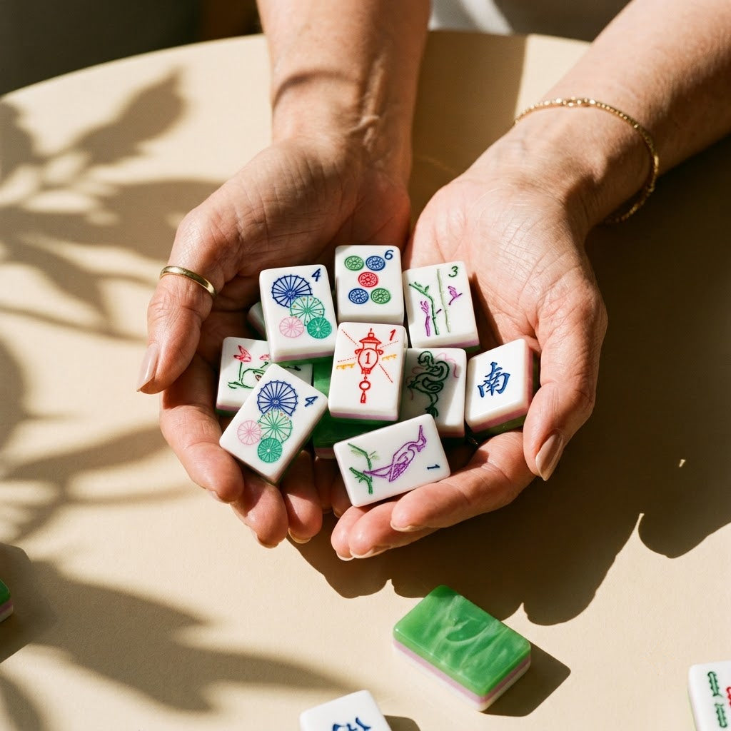 Hands holding painted mahjong tiles above a warm cream table