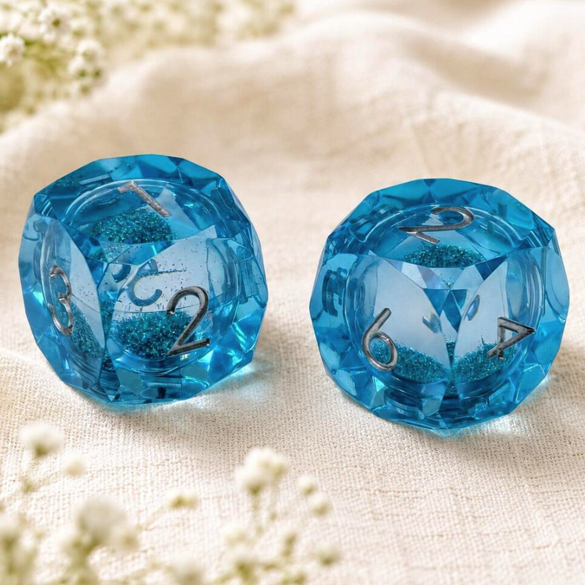 Aqua Blue resin mahjong dice pair with silver numbers