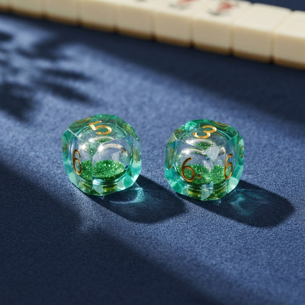 Two sea-green resin mahjong dice with a glitter liquid core on a navy mat
