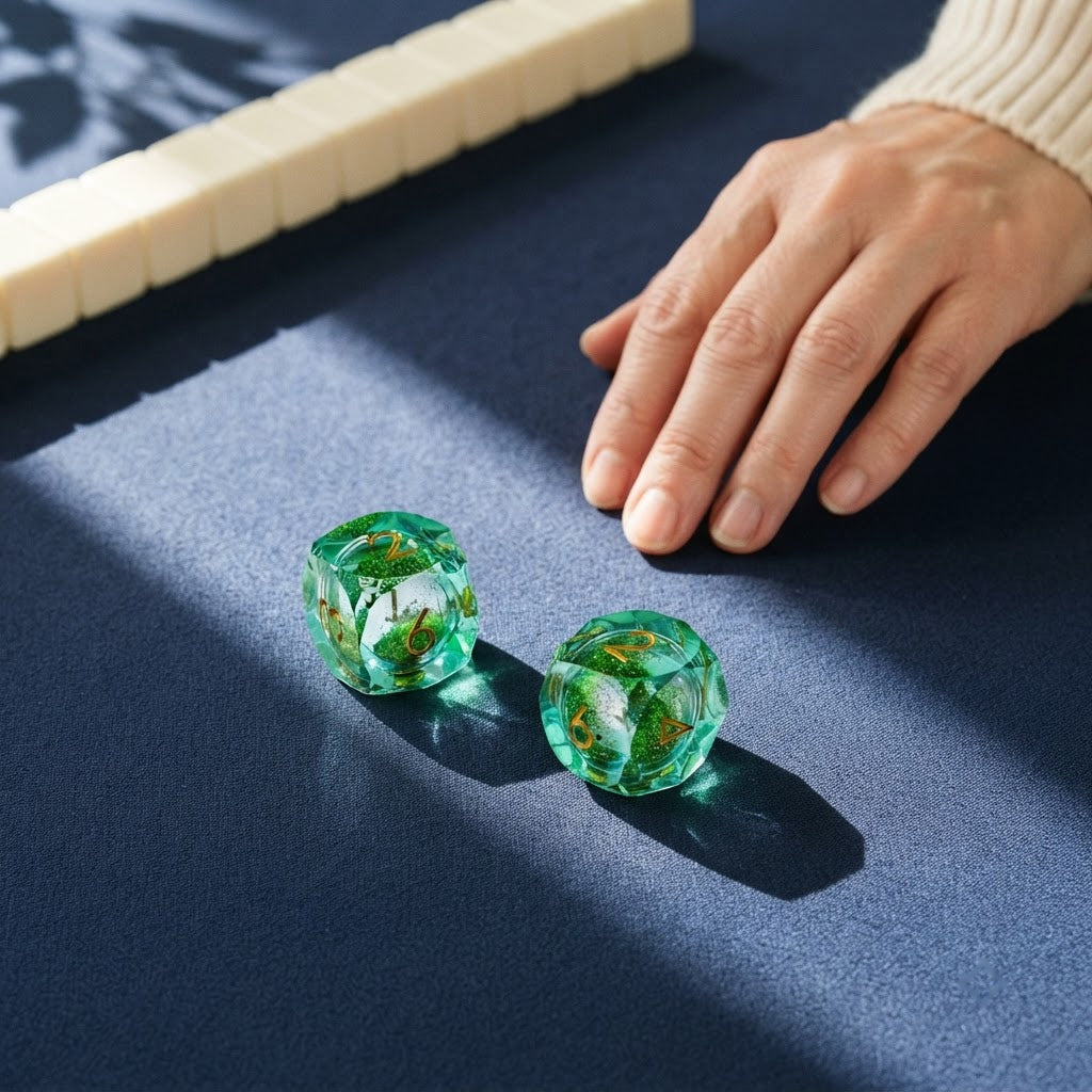Hand that has just rolled two green liquid core mahjong dice on a navy mat