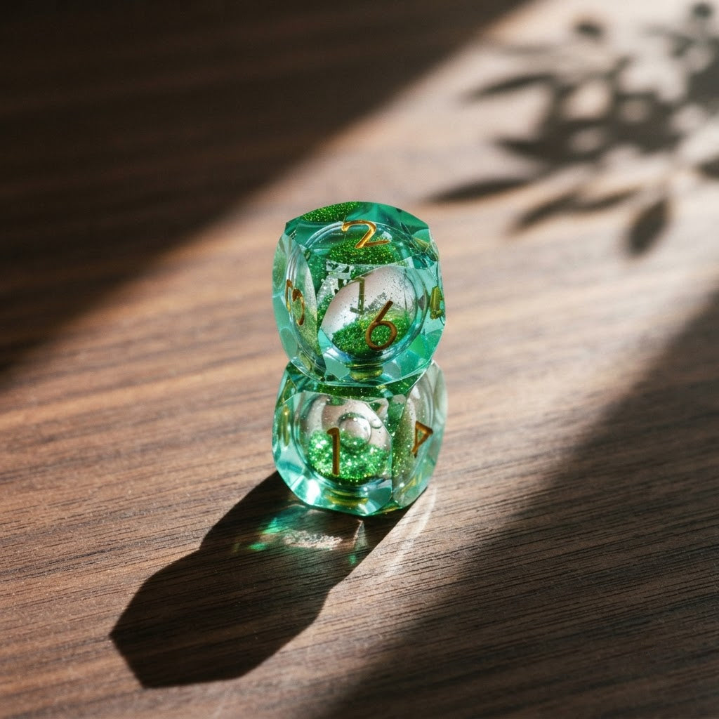 Two green faceted resin mahjong dice stacked on a walnut table