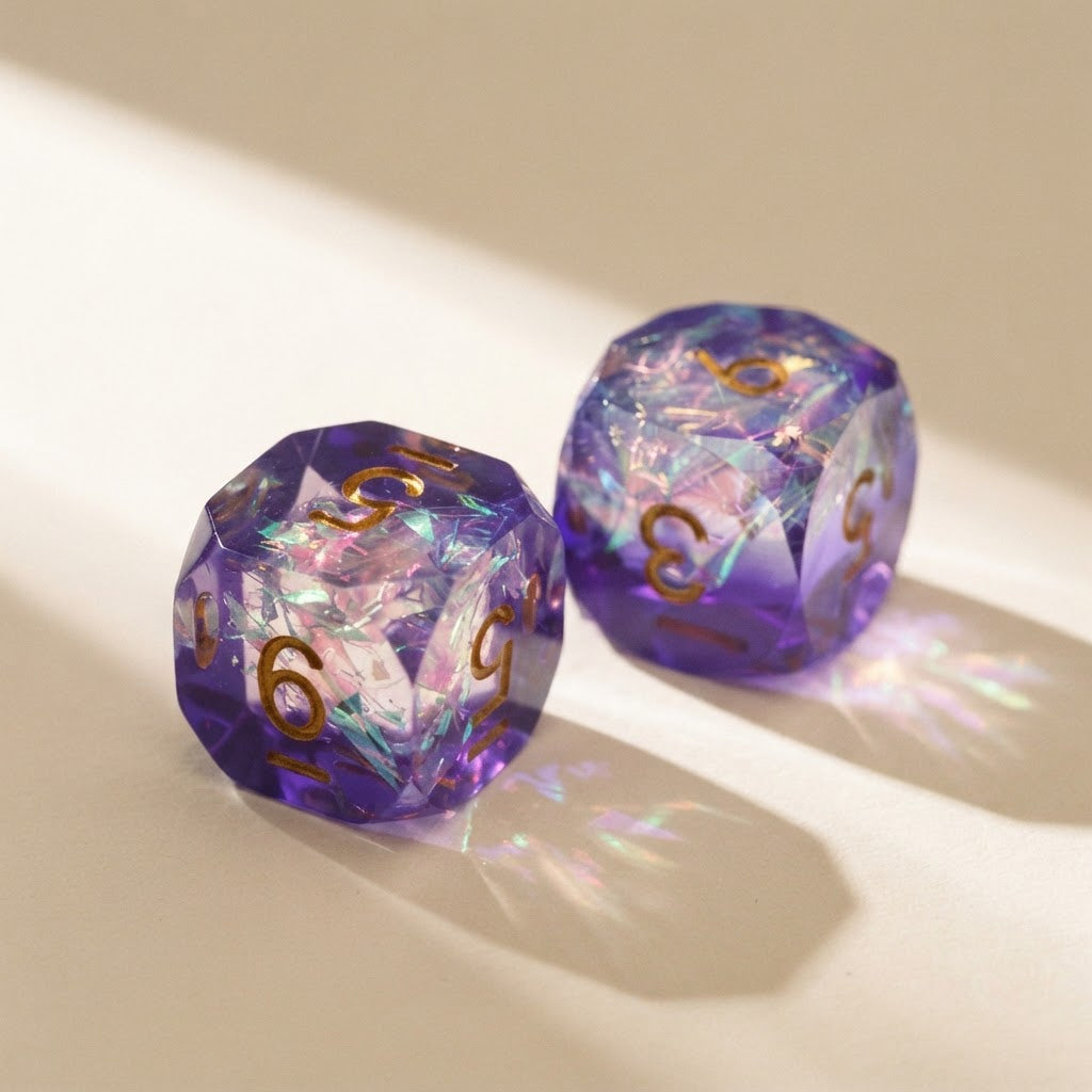 Close-up of two purple iridescent resin mahjong dice