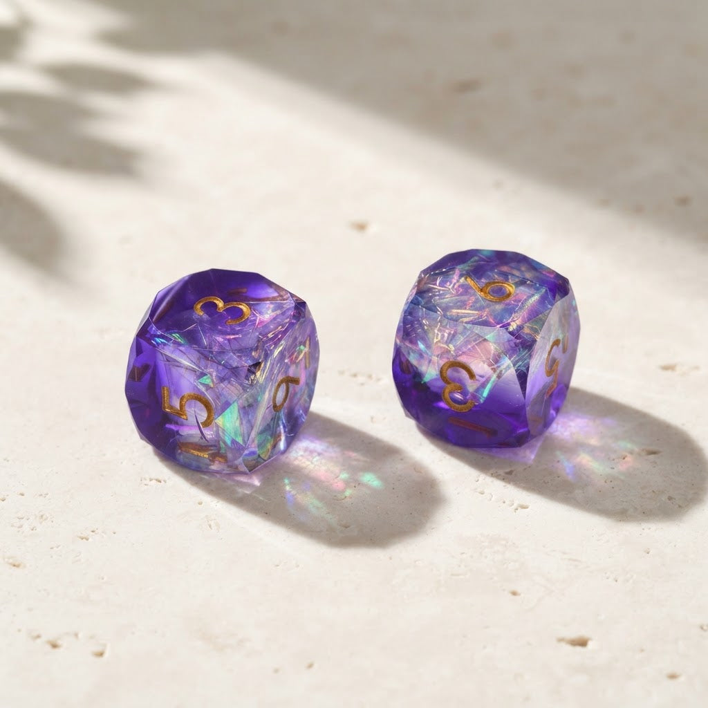 Two purple iridescent mahjong dice on a pale travertine table