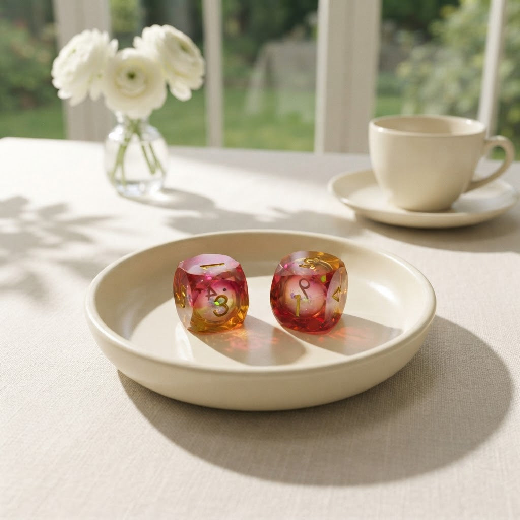 Pair of red and gold resin mahjong dice in a cream dish in a sunroom