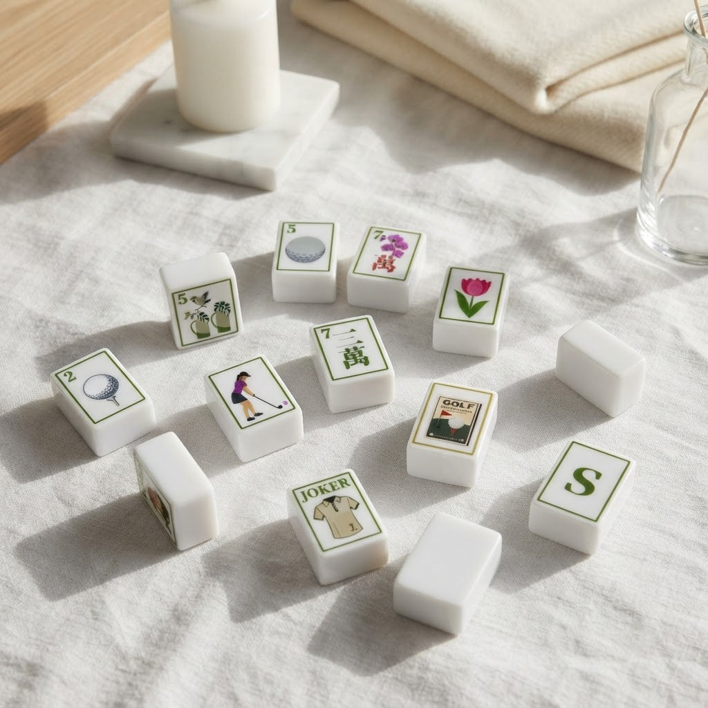 Ladies' Tee Time mahjong tiles scattered on a linen cloth