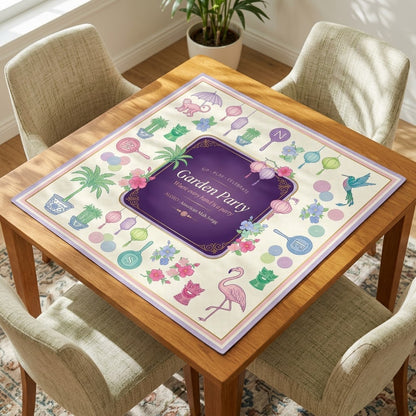 Lantern Garden Party mahjong mat on a square table with four chairs