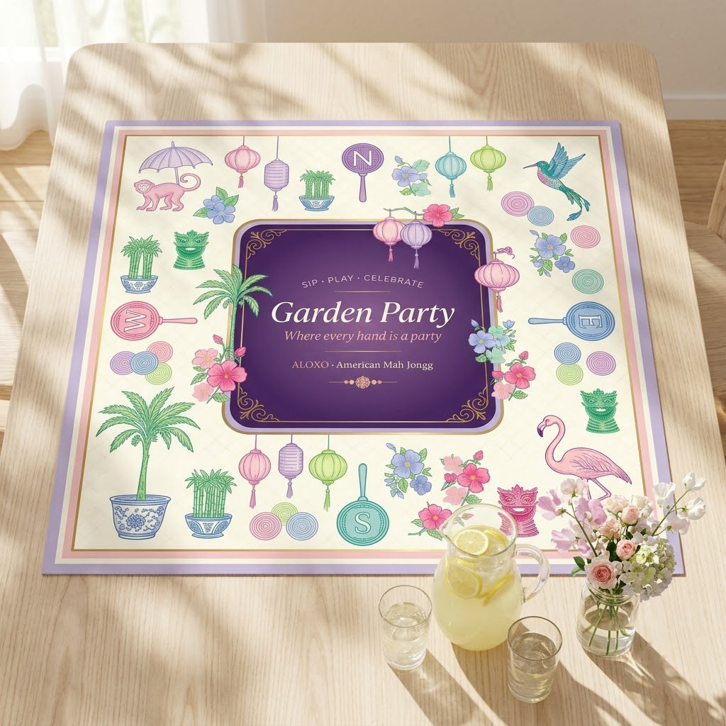 Lantern Garden Party mahjong mat with lemonade and garden flowers