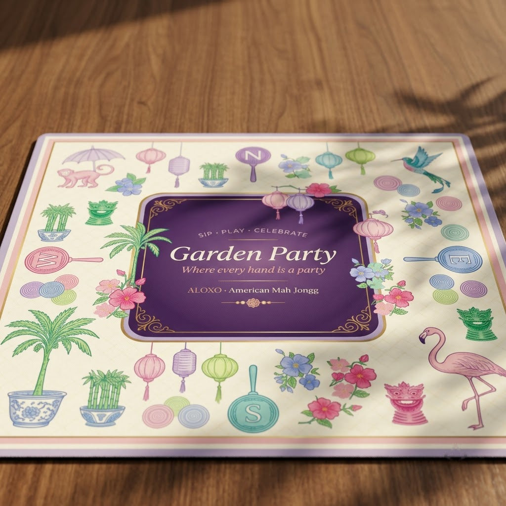 Lantern Garden Party mahjong mat lying flat on a table, seen from a low angle