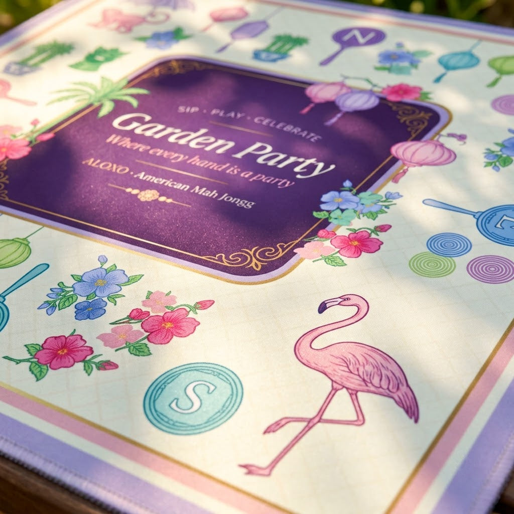 Close-up of the printed artwork on the Lantern Garden Party mahjong mat