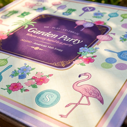 Close-up of the printed artwork on the Lantern Garden Party mahjong mat