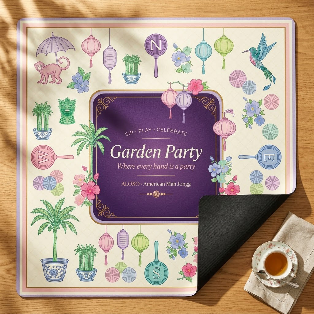 Lantern Garden Party mahjong mat with one corner folded back to show the black rubber underside