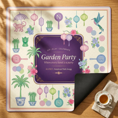 Lantern Garden Party mahjong mat with one corner folded back to show the black rubber underside