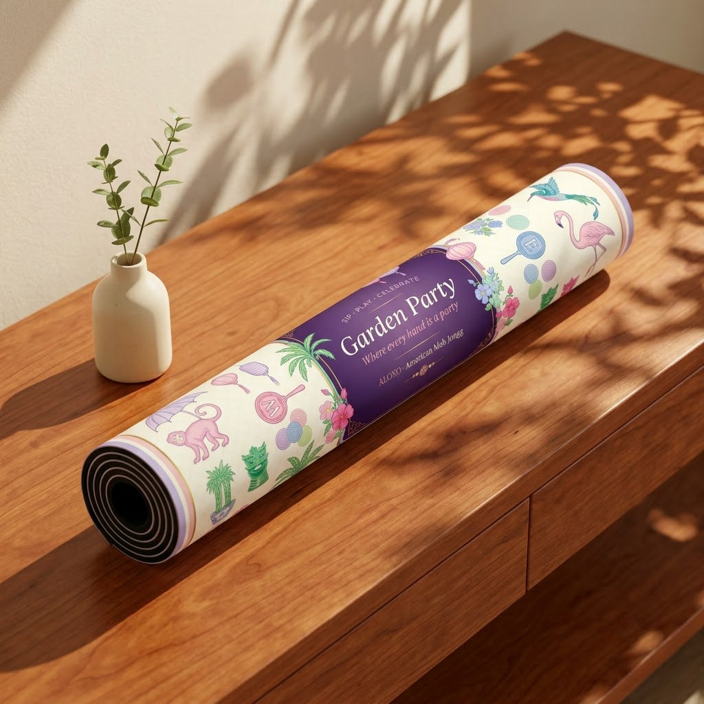 Lantern Garden Party mahjong mat rolled up for storage