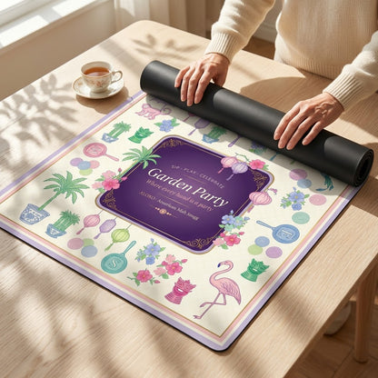 Hands unrolling the Lantern Garden Party mahjong mat across a table