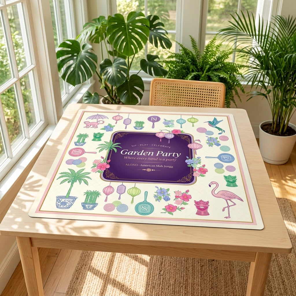 Lantern Garden Party mahjong mat on a table in a bright sunroom